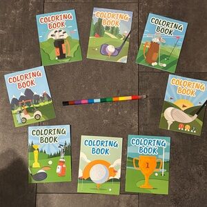 Set of 8 Golf-Themed Coloring Books and crayon pencil